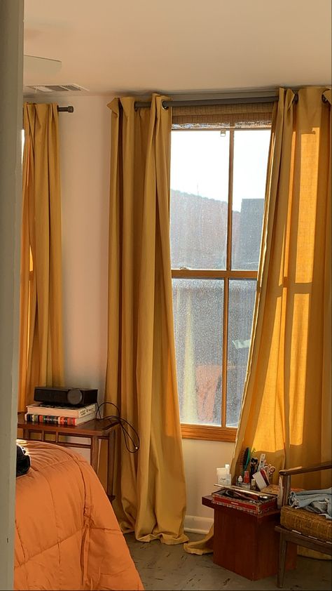 Light Yellow Curtains, Sheers Curtains Living Room Yellow, Yellow Curtains Aesthetic, Yellow Linen Curtains, Short Yellow Lace Kitchen Curtains, Sunlight Photography, Yellow Curtains, Yellow Interior, Comfy Bed