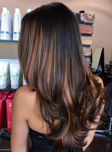 Black Hair With Caramel Brown Balayage Brown Hair With Caramel Highlights, Straight Black Hair, Black Hair With Highlights, Balayage Blonde, Caramel Hair, Brown Balayage, Hair Color Highlights, Hair Color Balayage, Dark Blonde