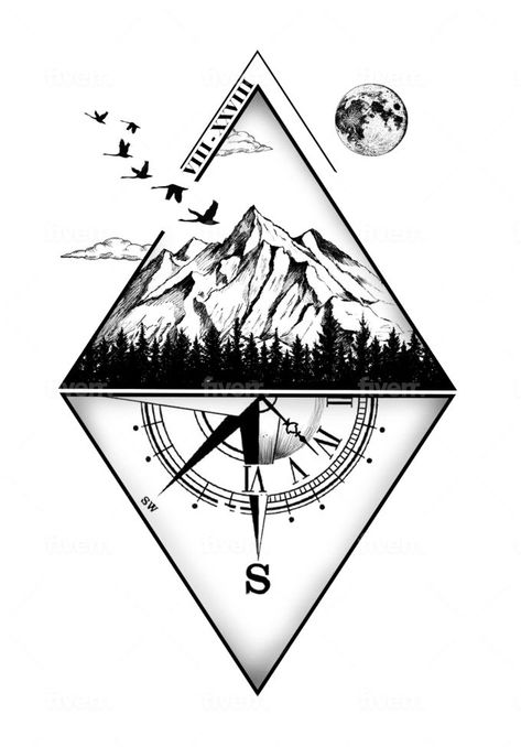 Rabe Tattoo, Geometric Mountain Tattoo, Adventure Tattoo, Mountain Tattoo Design, Minimal Tattoo Design, Compass Tattoo Design, Wrist Tattoos For Guys, Landscape Tattoo, Geometric Tattoo Design