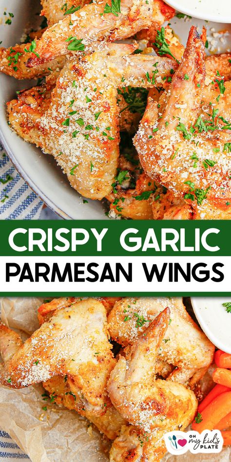 Garlic Parmesan Chicken Wings Wings Oven Baked, Chicken Wings Oven, Whole Chicken Wings, Chicken Wings Crispy, Wings Oven, Wings Crispy, Oven Chicken Wings, Wings In The Oven, Meals Kids Love