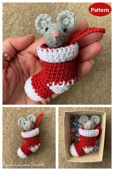 Matchbox Christmas Stocking Mouse Crochet Pattern Crochet Xmas Gifts, Funny Crochet Gifts, Stocking Crochet, Crochet Projects To Sell, Holiday Crochet Patterns, Christmas Stocking Decorations, Mouse Crochet, Mini Christmas Stockings, Crochet Stocking