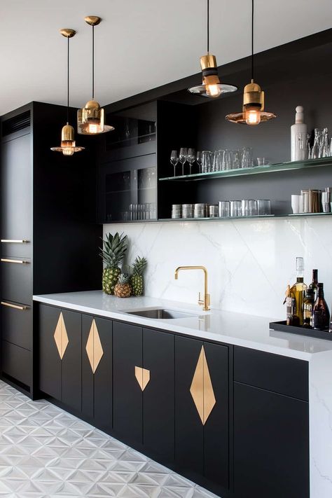 Alt tag: Stylish modern Art Deco kitchen featuring bold geometric patterns and sleek metallic accents. Art Deco Kitchen Design Modern, Art Deco Kitchen Cabinets, Art Deco Kitchen Table, Art Deco Backsplash, Deco Kitchen Ideas, Art Deco Kitchen Ideas, Art Deco Kitchen Design, Modern Art Deco Kitchen, Kitchen Designs Modern