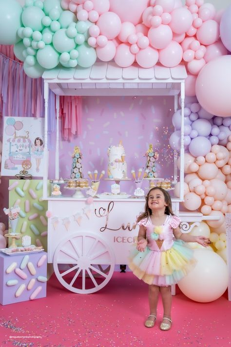 Kara's Party Ideas Pastel Ice Cream Soiree | Kara's Party Ideas Ice Cream Birthday Party Theme, Ice Cream Party Theme, Ice Cream Party Decorations, Candy Theme Birthday Party, Candy Land Birthday Party, Pastel Birthday, Small Balloons, Candy Birthday Party, Ice Cream Birthday Party