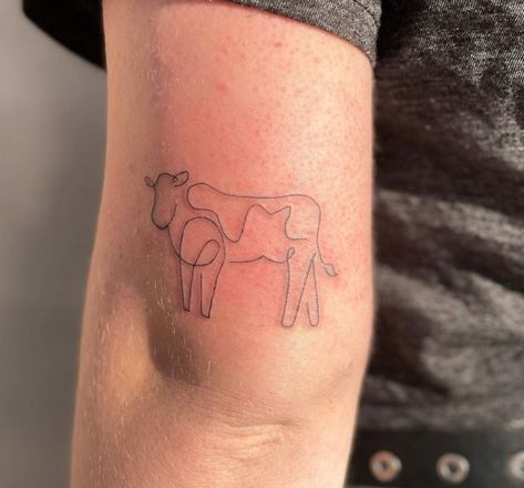 Cow Inspired Tattoo, Fine Line Cow Tattoo, Cow Tattoo Small Simple, Cow Tag Tattoo, Cow Outline Tattoo, Farm Tattoos, Cow Tattoo Ideas, Cow Tattoos, Wings Tattoo Meaning