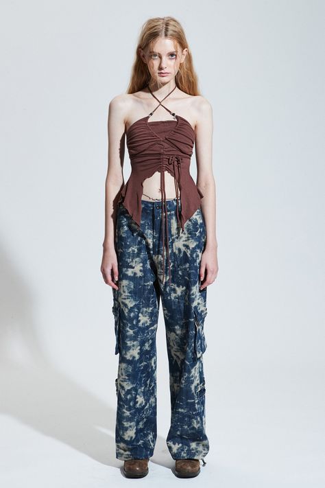 Brand Message, Cream Pants, Cut Out Top, Brown Pants, Color Inspo, Tie Dye Patterns, Be Careful, Blue Top, Vintage Boho