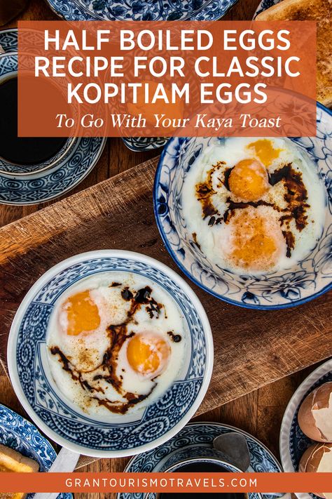 This half-boiled eggs recipe makes the classic kopitiam eggs tailor-made for having with kaya toast in a Singaporean or Malaysian coffee shop. The just-set, still runny yolks and milky whites are perfect for dipping toast 'soldiers' into. The secret is getting perfectly soft eggs every time. My technique is flawless for achieving the perfect soft boiled eggs every time. via @grantourismo Malay Breakfast, Earthy Food, Boiled Egg Times, Steam Egg Recipe, Soft Boiled Eggs Recipe, Boiled Eggs Recipe, Soft Eggs, Half Boiled Egg, Kaya Toast