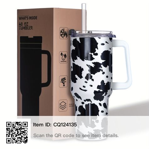 Cow Print Birthday, Cow Print Tumbler, 40 Oz Tumbler With Handle, Coffee Mug With Lid, Tumbler Handle, Coffee Queen, White Cow, Iced Latte, Tumbler With Handle