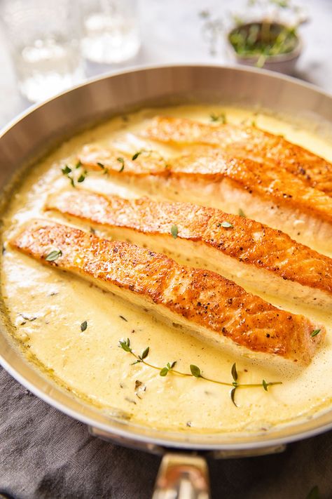 Pan Seared Salmon with Mustard Cream Sauce Salmon With Saffron Sauce, Sauce For Trout, Mustard Sauce For Salmon, Fish With Cream Sauce, Entree Food, Pan Seared Halibut Recipes, Salmon With Mustard, Salmon With Cream Sauce, Cream Pan