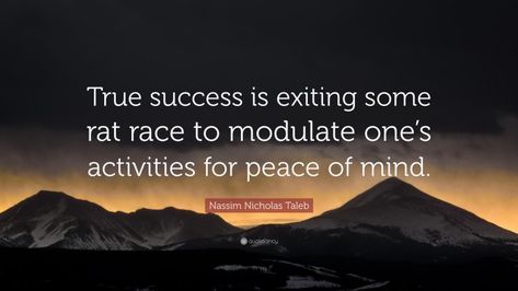 Nassim Nicholas Taleb Quote: “True success is exiting some rat race to modulate one’s activities for peace of mind.” Rat Race Quotes, Race Quotes, S Activities, Nassim Nicholas Taleb, Rat Race, Mindfulness Quotes, Peace Of Mind, Rats, Mindfulness