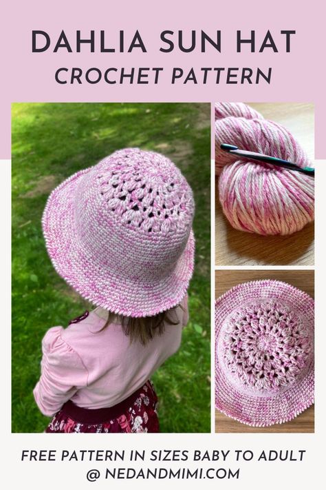 This crochet sun hat is the perfect way to keep little (and big!) heads safe in the hot summer months. With a fun floral motif on the crown, and a simple single crochet body, the hat is so quick to work up. And the pattern is written for 6 sizes (from Baby to Adult), so it’s perfect for making sun hats for all the family! Crochet Baby Sun Hat Free Pattern, Crochet Summer Hats Kids, Kids Bucket Hat Crochet, Crochet Cotton Sun Hat, Baby Bucket Hat Crochet, Crochet Summer Hats Free Pattern, Crochet Sun Hat Free Pattern, Crochet Baby Sun Hat, Crochet Sun Hats