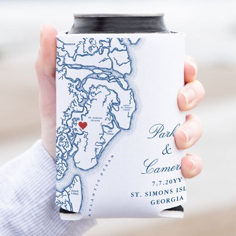 $8.35 | Golden Isles of Georgia Map Wedding Favor Drink #st simons island, georgia, jekyll island, nautical, navy blue, coastal, map, destination wedding, beer wedding favor, can coozie Coozie Wedding Favors, Beer Wedding Favors, Elegant Navy Blue Wedding, Wedding Beer, Blue Wedding Favors, Gasparilla Island, Map Wedding, Georgia Map, Beer Wedding