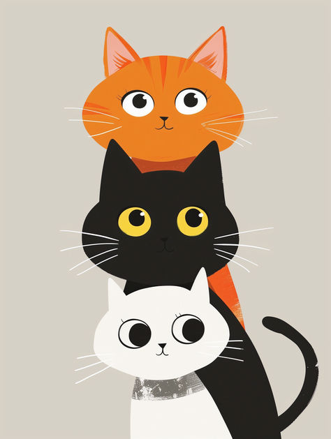 🎨 Triple the Whimsy, Triple the Fun! 🌟 This charming artwork features a trio of adorable cats stacked in a playful pose, each with their own unique expressions. Perfect for cat lovers and those who cherish a touch of humor and warmth in their décor. 🐱 Which cat speaks to you the most? ➡️👇 Cartoon Three Friends, Trio Cats, Three Cats Drawing, 3 Cats Drawing, 3 Cats, Drawing Classes For Kids, Maud Lewis, Three Cats, Cat Art Illustration