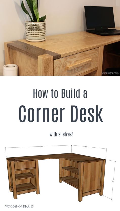 Build your own DIY L-Shaped Corner Desk with Shelves and two tone corners! Extra corner desk leg room with inset shelving allows for plenty of storage in a small office space. How to Build a corner desk building plans available here. Diy Desk With Storage, L Shaped Desk With Shelves, Diy L Shaped Desk, Corner Desk With Shelves, L Shaped Desk Plans, Corner Desk Plans, How To Build A Desk, Diy Corner Desk, Diy Desk Plans