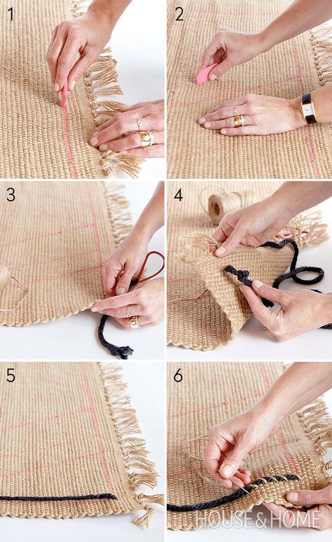 Senior editor Morgan Michener adds pattern and texture to a basic jute rug DIY using twine and yarn. | Photographer: Kim Jeffery Burlap Rug Diy, Jute Rug Diy, Make A Rug, Rug Diy, Burlap Rug, Pattern And Texture, Crochet Rug Patterns, Jute Crafts, Astuces Diy