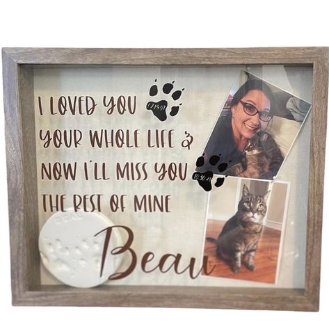 Personalized pet memorial shadow box. Pet Memorial Ideas Dogs, Dog Shadow Box, Personalized Shadow Box, Colored Shadow, Cat Shadow, Shop Vinyl, Pet Grave Markers, Personalized Pet Memorial, Sorry For Your Loss