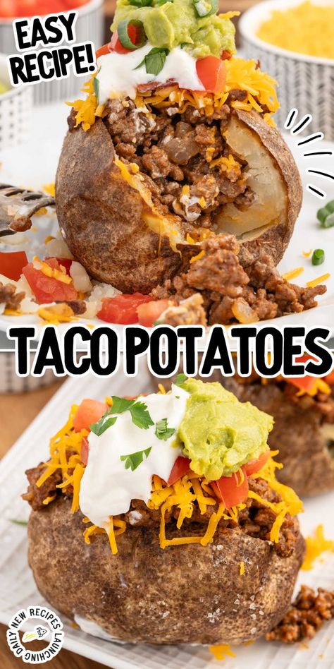 Baked Potato Tacos Stuffed Baked Potatoes With Ground Beef, Taco Baked Potato Recipes, Taco Stuffed Baked Potatoes, Mexican Baked Potato, Ground Beef Baked Potato, Stuffed Baked Potato Recipes, Taco Baked Potato, Taco Potatoes, Reunion Recipes