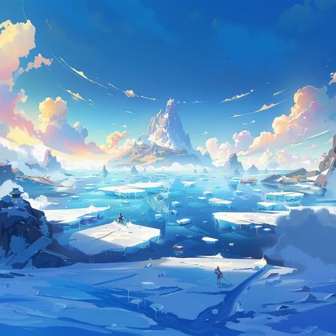 The image is of a frozen tundra. There is a mountain in the distance, and the ground is covered in snow and ice. The sky is blue, and there are some clouds in the distance. There is a person standing on the ice, and they are wearing a blue coat and a hat. Dnd Locations, A Person Standing, Frozen Tundra, Snow Hat, Mountain Snow, Snow Ice, Blue Coat, Snow And Ice, Person Standing