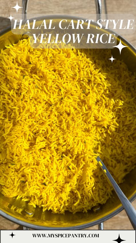 Authentic Yellow Rice, Halal Cart Rice, Basmati Yellow Rice Recipe, Spiced Basmati Rice, Yellow Basmati Rice Recipes, Yellow Greek Rice, Seasoned Yellow Rice, Lebanese Yellow Rice, Middle Eastern Yellow Rice