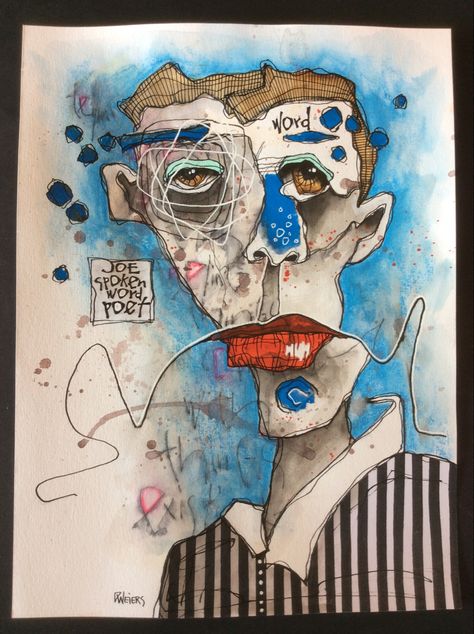 “Joe Spoken Word Poet” 12x9” Deb Weiers Art, Mix Media Illustration, Lewis Rossignol, Deb Weiers, Blind Contour, Mixed Media Faces, Blind Contour Drawing, Mixed Media Illustration, Contour Drawing