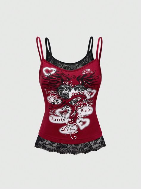 Women's Vintage Heart Gothic Print Camisole Burgundy Casual   Knitted Fabric Geometric,Halloween,Letter,Striped Cami High Stretch  Women Clothing, size features are:Bust: ,Length: ,Sleeve Length: Sinful Clothing, Punk Woman, Alt Clothes, Plus Size Vintage, Grunge Punk, Vintage Heart, Goth Outfits, Really Cute Outfits, Dream Clothes