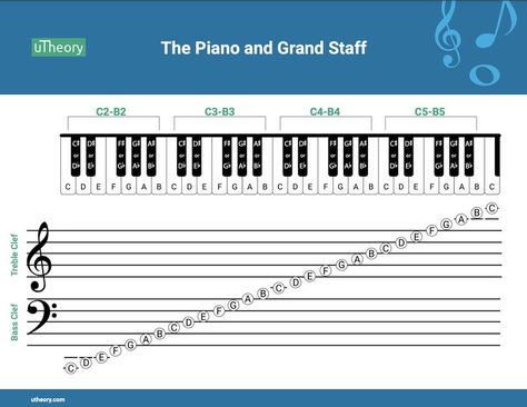 Printable grand staff and piano keyboard pdf, with notes labeled from C2 - C6. Visit utheory.com/teach/resources for more free resources. Piano Keys Labeled, Solfege Hand Signs, Teaching Music Theory, Learn Music Theory, Guitar Classes, Music Theory Lessons, Music Words, Unit Studies, Interactive Lessons