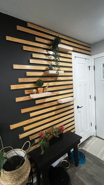 Slatted Shelves, Accent Wall Designs, Wood Slat Wall, Diy Accent Wall, Wood Craft Projects, Focal Wall, Wood Accent Wall, French Cleat, Set Decor