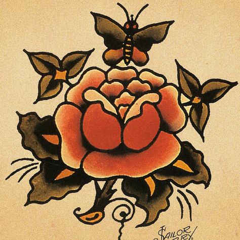 Sailor Jerry rose and butterfly A Rose Tattoo, Sailor Jerry Flash, Sailor Jerry Tattoo Flash, Old School Rose, Sailor Jerry Tattoo, Jerry Tattoo, Sailor Jerry Tattoos, American Traditional Tattoos, Handpoke Tattoo