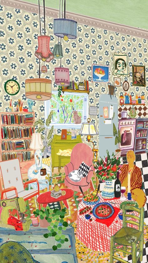 grandma’s house👒🧵 Vintage Aesthetic Decor, Relaxing Images, Bedroom Illustration, House Aesthetic, Abstract Wallpaper Design, Interior Illustration, Aesthetic Decor, Ghibli Art, Cute Patterns Wallpaper