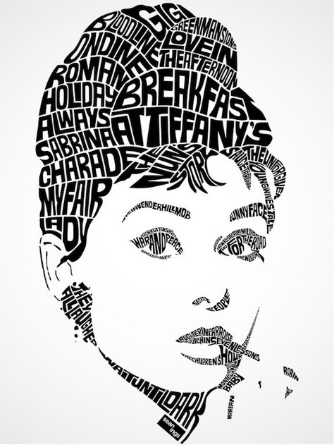 Amazing Typographic Portraits Of Celebrities Made Using Their Movie Titles And Lyrics  https://digitalsynopsis.com/design/typographic-portraits-of-celebrities/  #art #design #GraphicDesign #typography #illustration #ArtDirection #creative #music #movies #film #TV #celebrities #Hollywood #portraits #PopCulture #TypeDesign Word Cloud Design, Typographic Portrait, Typography Portrait, Typographie Logo, Inkscape Tutorials, Audrey Hepburn Art, Typographic Art, Design Aesthetics, Creative Typography