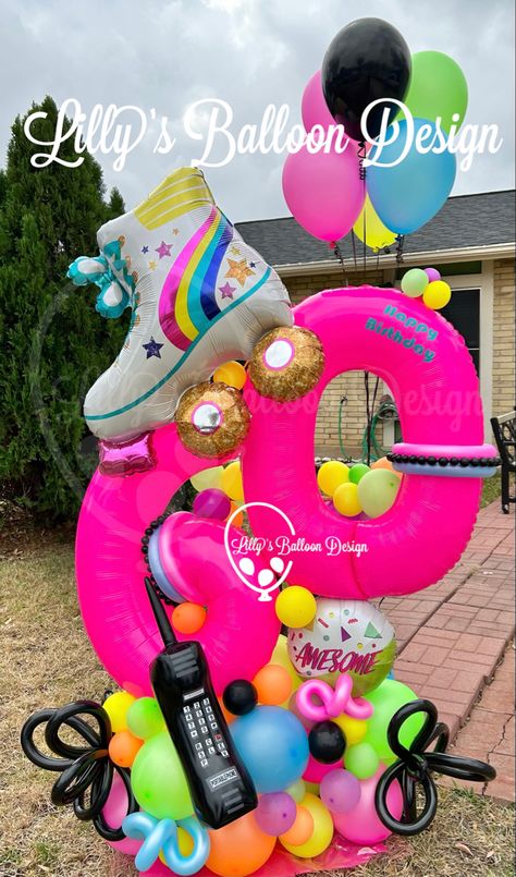 #60thbirthday #vintage #retro #music #lillysballoondesign #rock #sanantonio #nostalgia #love #texas #rocknroll #art #florescent #brightcolors #oldschool #aesthetic #fashion #newwave #80s #hardrock #pop #vinyl #legend #vintagestyle #guitar #80sparty #classic #queen #badass #80smovies 90s Balloon Decor, 80s Themed Roller Skating Party, 80s Balloon Arch, 80s Balloons, 80s Balloon Decor, Neon Balloon Column, 50th Birthday Balloons, 80s Party Decorations, Skate Birthday