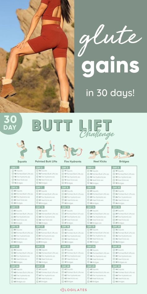 Glute gains in 30 days with this booty builder, lower body exercise challenge from Cassey Ho. Get pilates leg workouts and challenge yourself with this 30 day workout routine. Glute Challenge, Month Workout Challenge, Plan Workout, Pilates Workout Plan, Weight Gain Workout, Pilates Workout Routine, Workout Body, Beginner Workouts, Body Weight Leg Workout