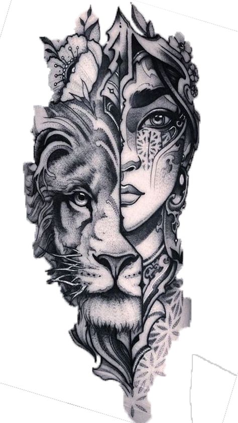 Goddess Lion Tattoo, Goddess Tattoo Design Leo, Tiger Female Tattoo, Lioness Woman Tattoo, Sierra Leone Tattoo, Animal Goddess Tattoo, Woman With Lion Tattoo, Ink Master Tattoos Galleries, Animal Leg Tattoos Women