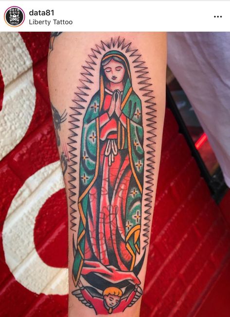 American Traditional Mary Tattoo, Traditional Style Mexican Tattoo, Mother Mary Traditional Tattoo, American Traditional Virgin Mary Tattoo, Mary Tattoo Traditional, Traditional Tattoo Mexican, Mary Traditional Tattoo, Random Tattoo Sleeve, Traditional Virgin Mary Tattoo