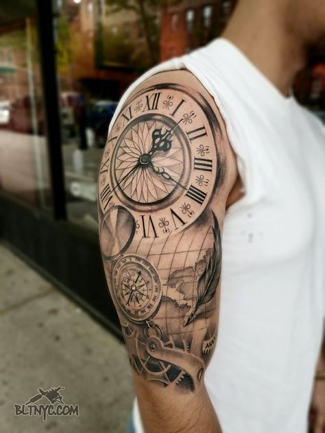 Clock Map Tattoo Design, Clock Tattoo Design For Men Shoulder, Clock Shoulder Tattoo, Clock Arm Tattoo, Spitfire Tattoo, Date Tattoo Ideas, Clock Tattoo Sleeve, Nautical Tattoo Sleeve, Date Tattoo