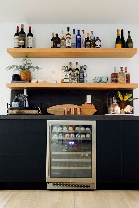 Bar With Wine Fridge, Bar With Floating Shelves, Uni Room Ideas Uk, Uni Room Ideas, Haley Jones, Dry Bar Ideas, New Bedroom Ideas, Home Wet Bar, Home Bar Areas