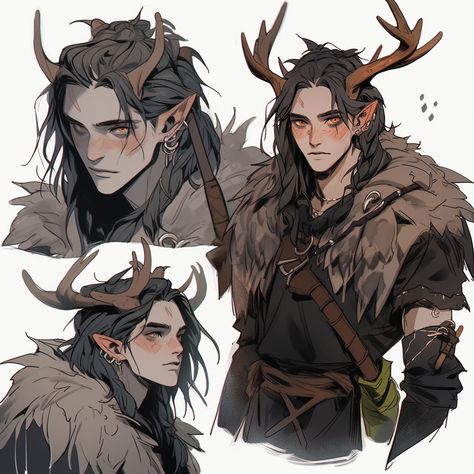 Tiefling With Antlers, Tiefling Antlers, Satyr Male Character Design, Elves With Horns, Druid Oc Male, Oc With Antlers, Antler Character Design, Deer Hybrid Human Male, Dragon Horn Designs