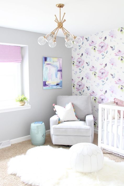 Purple Nursery Theme, Purple Themed Nursery, Lilac Nursery Baby Girl, Purple Baby Room, Purple Nursery Ideas, Purple Baby Girl Nursery, Girl Nursery Purple, Purple Floral Nursery, Purple Girls Bedroom