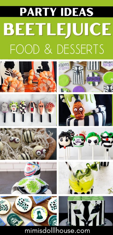 Beetlejuice Cookies, Cakes and Party Food Looking for some deliciously devious and down right disgusting Beetlejuice party treats and food ideas? From Beetlejuice Cakes to Beetlejuice Cocktails...we have all the most fabulous and grotesque ideas for a tricky undead fiend of a birthday party or Halloween party. #beetlejuice #beetleguise #beetlejuicecocktails #beetlejuiceparty #beetlejuicebirthday #beetlejuicehalloweenparty #sandworm #lydia Beetlejuice Food Recipes, Beatle Juice Movie Night, Beetlejuice Food Ideas Appetizers, Beetlejuice Treat Ideas, Bettle Juice Food Ideas, Bettle Juice Party Food, Bettle Juice Movie Night, Beetlejuice Drinks For Kids, Beetlejuice Movie Night Snacks