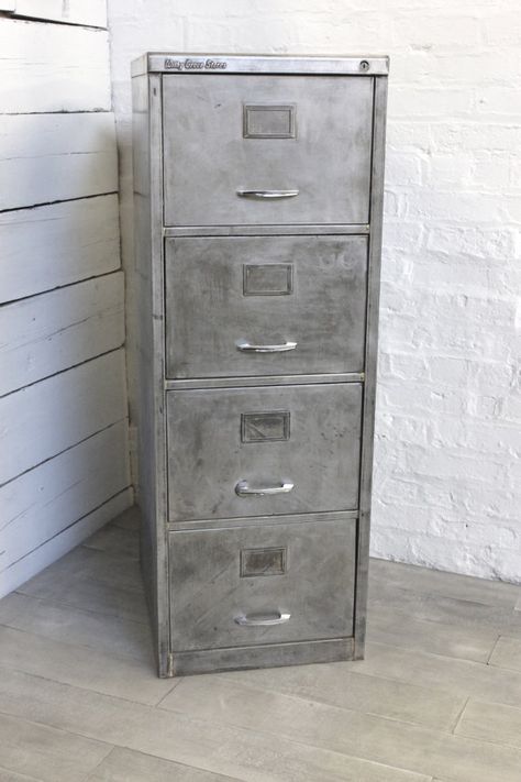 Reclaimed Vintage Urban Industrial Withy Grove Stores 1970's Stripped Steel 4 Drawer Filing Cabinet - Reclaimed Industrial Office Furniture Lockers Repurposed, Industrial Office Furniture, Diy Office Desk, File Cabinet Makeover, Metal Patina, Office Stationary, Drawer Filing Cabinet, Man Cave Home Bar, File Cabinets