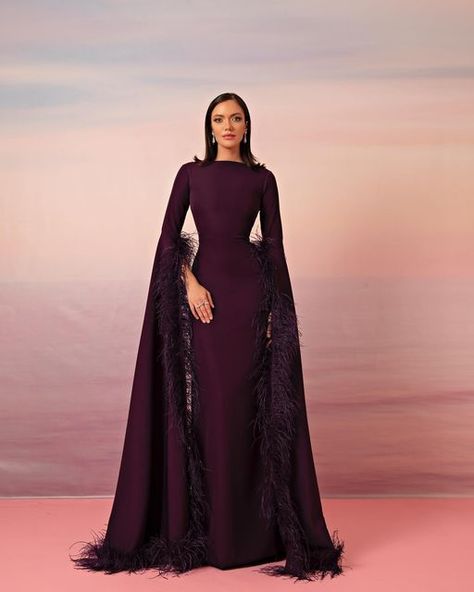 By Aysha and Shamsa on Instagram: "Winter 2022/2023 Code: WN23-02-02 Price: 3300AED More colors available upon request" Feather Prom Dresses, Modest Gowns, Winter Wedding Guest, Feather Prom Dress, Midi Gowns, Gown Pictures, Natural Models, Formal Dresses With Sleeves, Formal Evening Dress