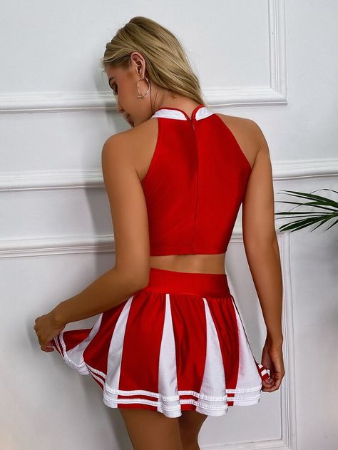 Color Block Cheerleader Costume Set | SHEIN USA Tank Top And Skirt, Cheerleader Outfit, Cheerleader Costume, Cheerleading Uniforms, Plush Coat, Design Clothing, Lingerie Sets, Crop Top Skirt, Girls Uniforms