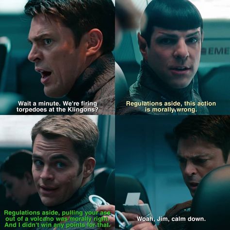 star trekking through the sky on Instagram: “I mean, Kirk has a point here. Spock is always 100% about regulations and all that jazz but he knows Jim did the right thing when he…” Jim Kirk X Spock, Spock X Kirk Fanart, Kirk X Spock, Spock X Kirk, Kirk And Spock, Jim Kirk, Star Trek Reboot, Spock And Kirk, Star Treck