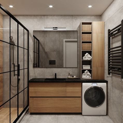 Built In Washing Machine Bathroom, Design Interior Baie, Washing Room, Tub Design, Wc Design, Small Bathroom Interior, Tub Ideas, Bathroom Inspiration Modern, Soaker Tub