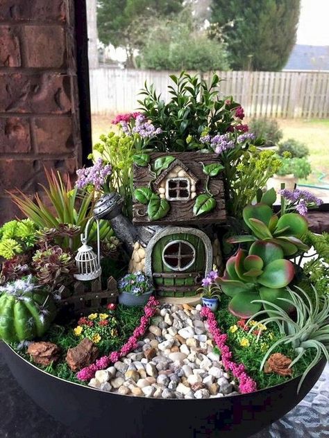 Nome Gardens Ideas, Succulent Fairy Garden Ideas, Fairy Garden Container Ideas, Potted Lavender, Fairy Garden Containers, Fairy Garden Pots, Diy Landscape, Garden Ponds, Mini Gardens