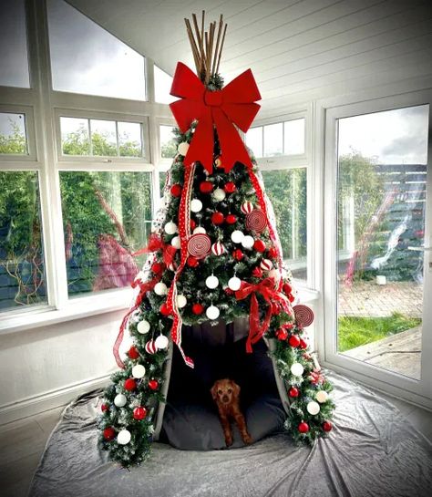 T Pee Christmas Tree, Christmas Teepee Tree, Teepee Tree Christmas, Christmas Tree Fort, Dog Proof Christmas Tree Ideas, Teepee Christmas Tree, Christmas Tree Tent, Christmas Tree Teepee, Christmas Teepee