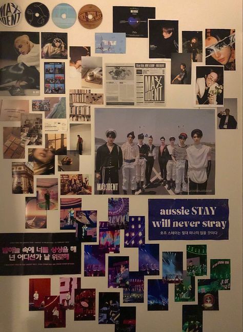 Wall Poster Inspo Bedroom, Kpop Room Ideas Bedrooms, Skz Bedroom Ideas, Kpop Wall Ideas Bedroom, Kpop Wall Inspiration, Wall Magazine Ideas School Collage, Kpop Room Inspo Skz, Crowded Room Aesthetic, Skz Bedroom