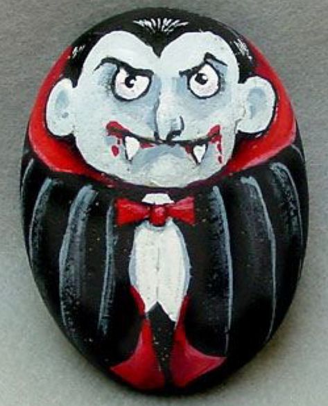 Dracula vampire painted rock Pebble Decor, Halloween Stones, Paint Animals, Art Pierre, Halloween Rocks, Count Dracula, Painted Rocks Craft, Painted Rocks Diy, Rock Painting Ideas Easy