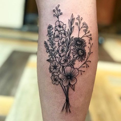 Bouquet Cover Up Tattoo, Black Wildflower Tattoo, Wildflower Bouquet Tattoo, Lifeline Tattoos, Delicate Flower Tattoo, Flower Bouquet Tattoo, Bouquet Tattoo, Wildflower Tattoo, Skeleton Tattoos