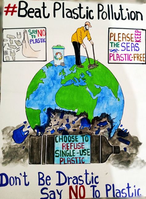 Beat The Plastic Pollution Poster, Stop Using Plastic Bags Poster, Plastic Day Poster, Ban On Plastic Drawing, Plastic Free Earth Drawing, Plastic Free Earth Posters, Single Use Plastic Poster Drawing, Plastic Free School Poster, Ban Single Use Plastic Posters