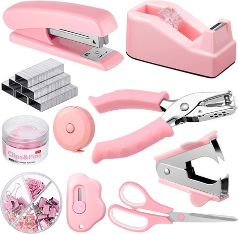 Pink Office Cute Office Desk Accessories, Pink Desk Accessories, Pink Office Supplies, Small Binder, Staple Remover, Office Supplies Desk Accessories, Pink Desk, Pink Office, Beautiful Office